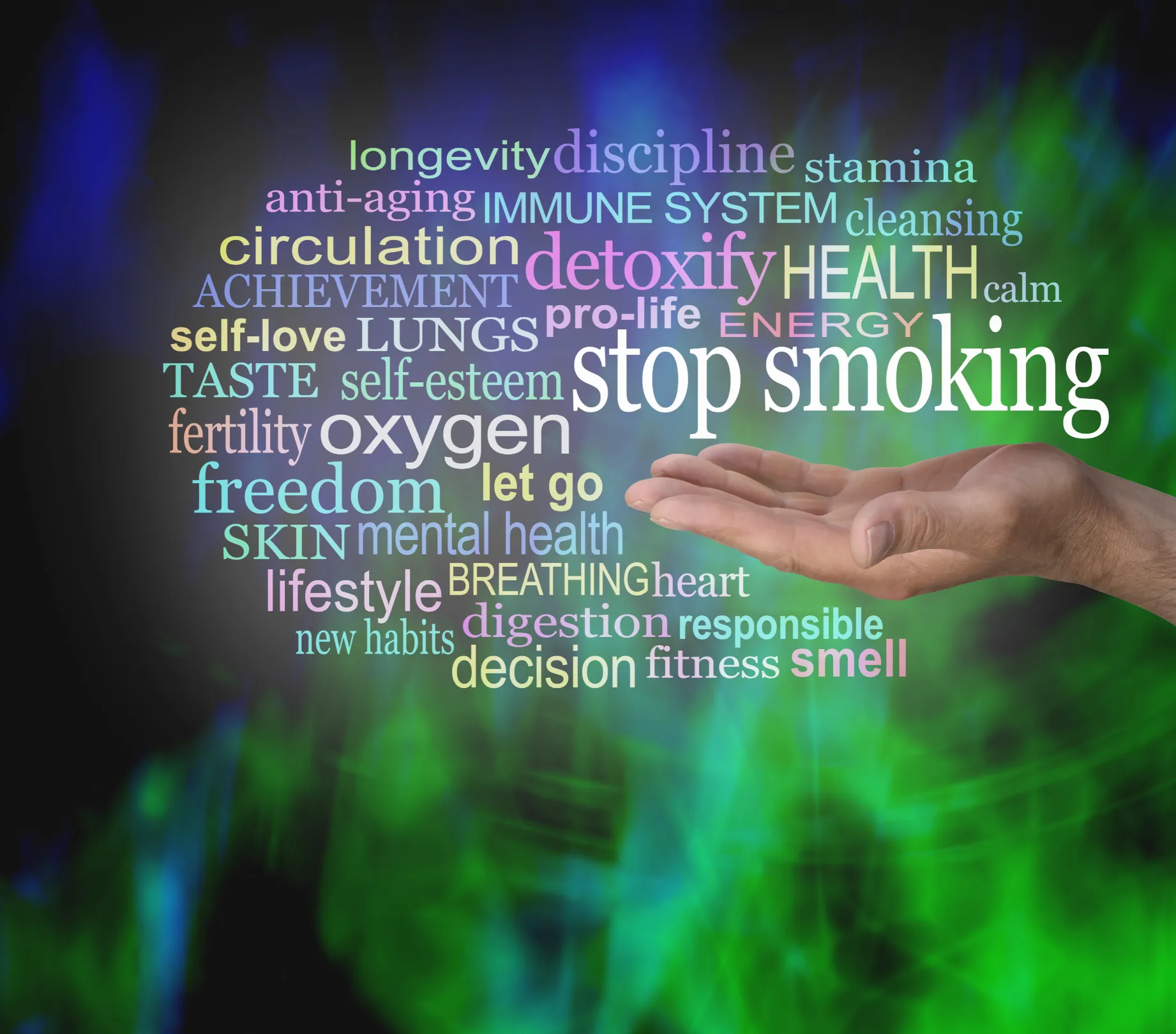 An open hand beneath a cloud of words associated with stopping smoking, including freedom, new habits, decision and self-esteem